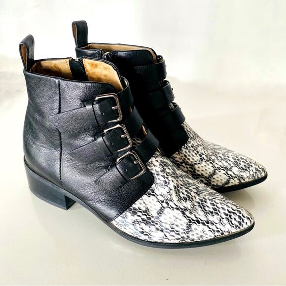 RAYE REVOLVE Black White Two Tone Snakeskin Toe Buckle Ankle Boots Booties 38 - Picture 10 of 15